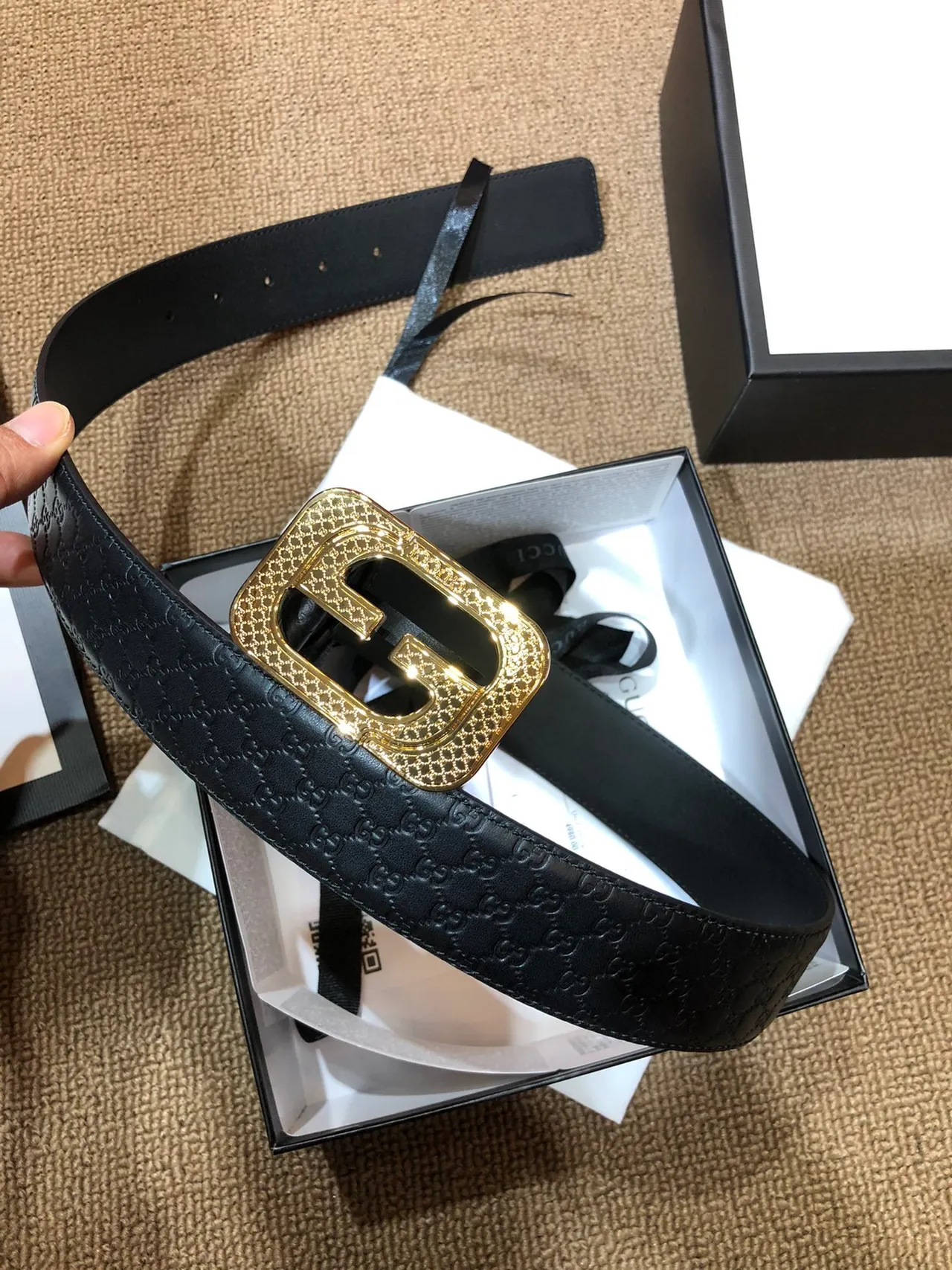 Gucci GG Marmont حزام جلدي أسود ذهبي مطبوع بمونوغرافي مع وترة مزدوجة G 7