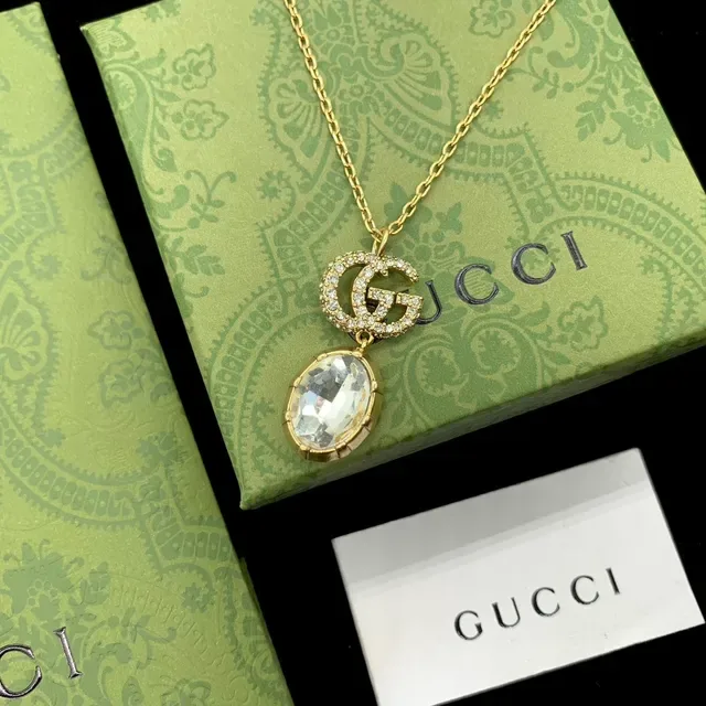 Gucci GG Marmont सلسلة ذهبية شفافة Interlocking Double-G Logo قلادة 7