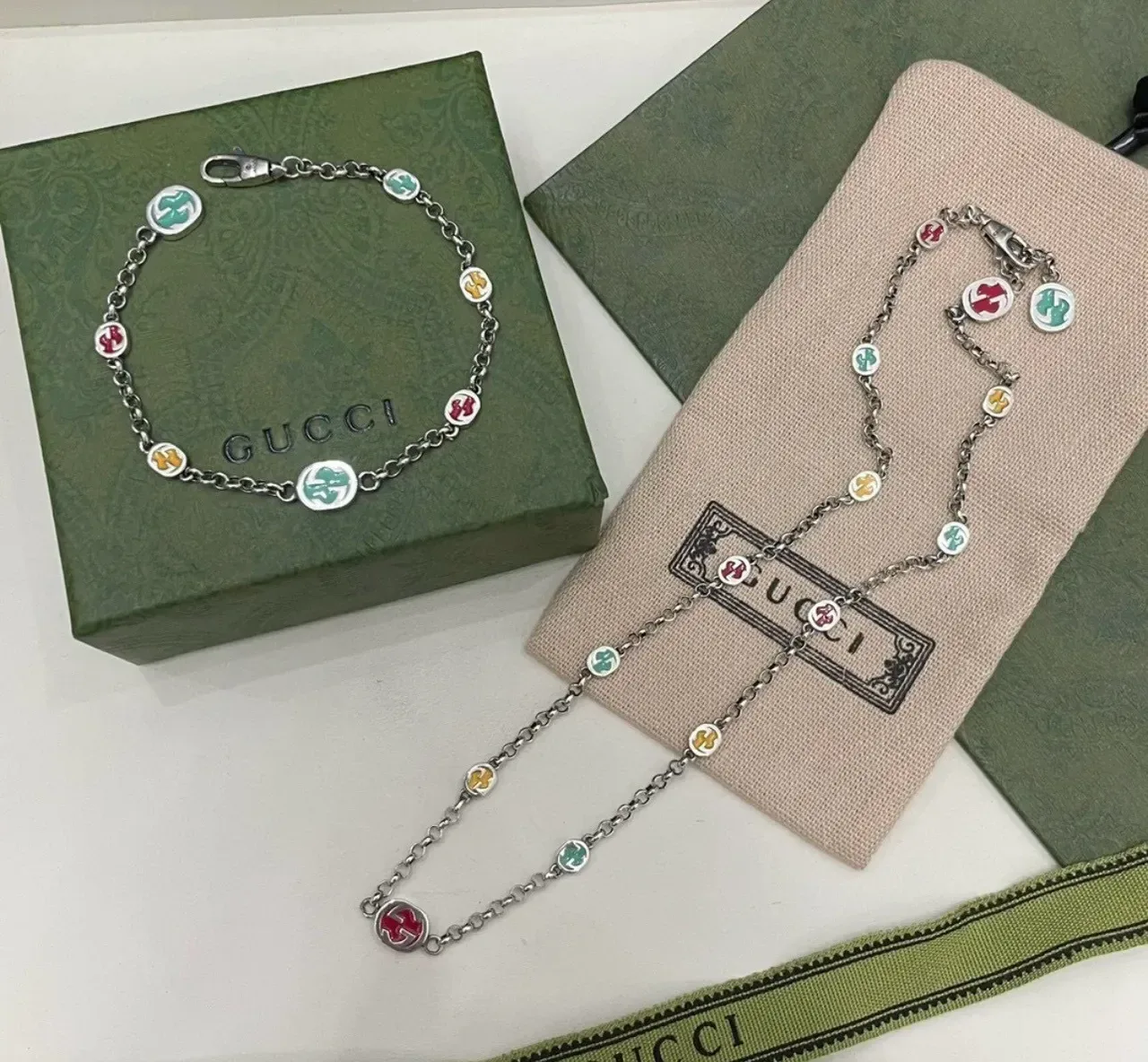 Gucci GG Marmont Multicolor Enamel Interlocking G Chain Necklace 6