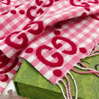 Gucci GG Marmont Pink Red Gingham Check Monogrammed Cashmere Scarf