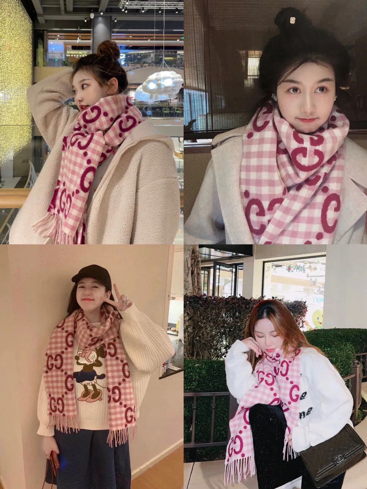 Gucci GG Marmont Écharpe de cachemire monogrammée rose rouge à carreaux gingham 3