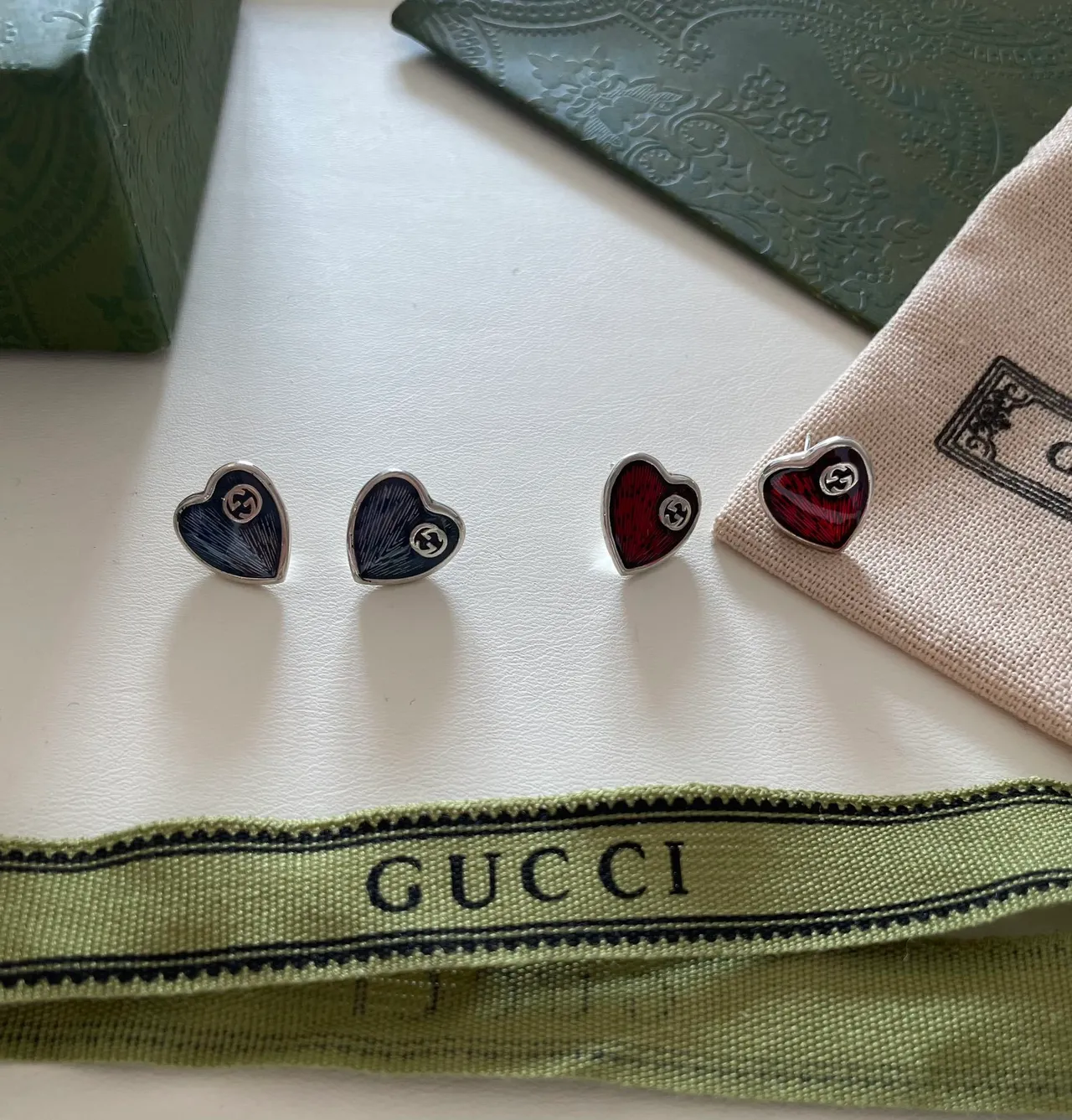 Gucci GG Marmont Red Blue Heart-Shaped Enamel-Filled Earrings 3