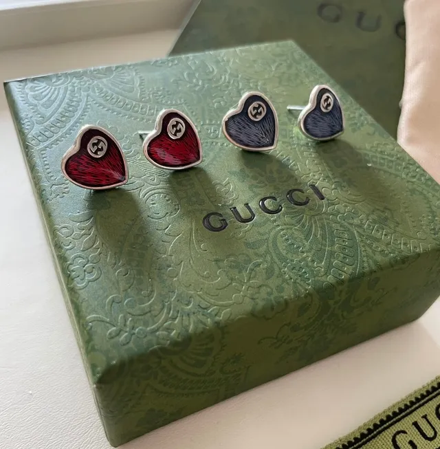 Gucci GG Marmont Red Blue Heart-Shaped Enamel-Filled Earrings 4