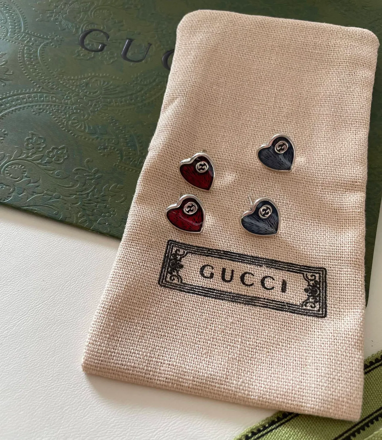 Gucci GG Marmont Red Blue Heart-Shaped Enamel-Filled Earrings 5