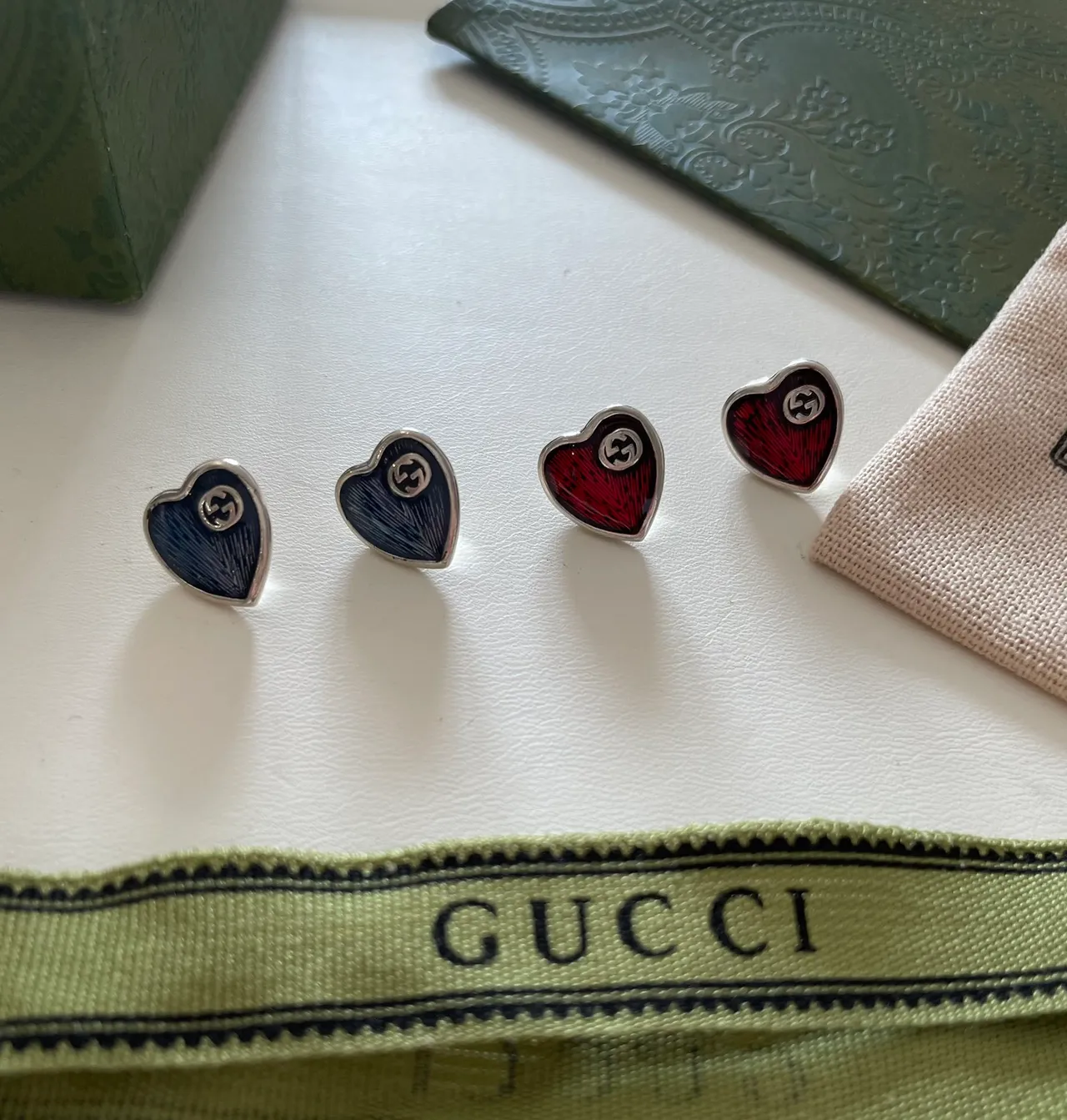 Gucci GG Marmont Red Blue Heart-Shaped Enamel-Filled Earrings 6