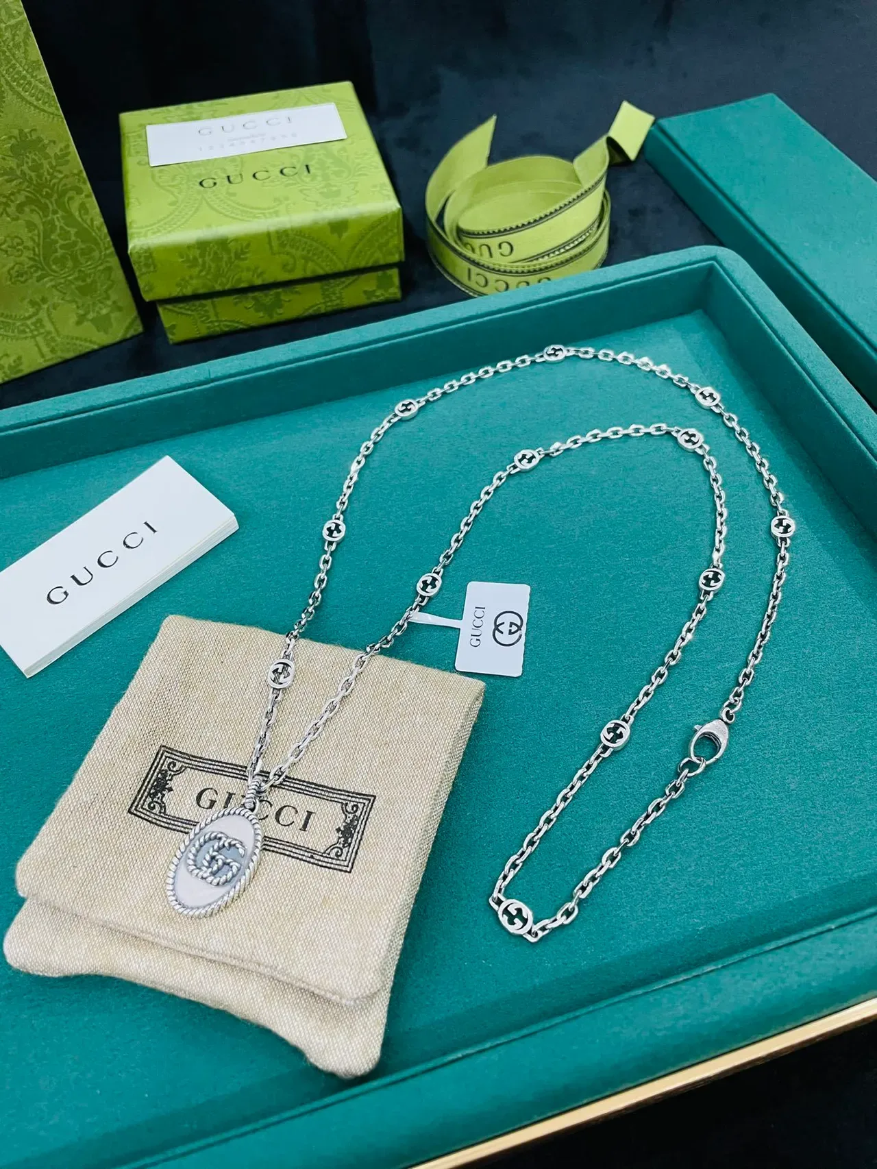 Gucci GG Marmont Silver Chain Oval Rope-Edge Pendant Necklace 6
