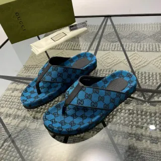 Gucci GG Monogram Blue and Black Thong Slippers
