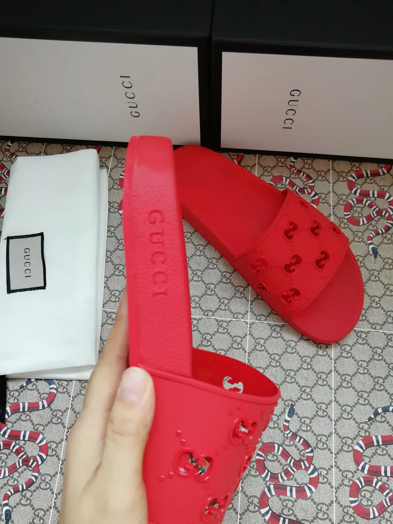 Gucci GG Monogram Slide Red Rubber Single-Strap Slippers 2
