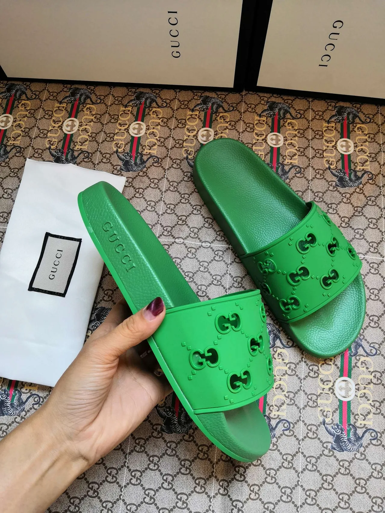 Gucci GG Slide Green Rubber Slippers 5