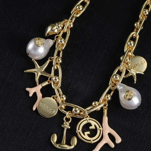 Gucci Gold Beige Link Chain Multi-Charm Pendant Necklace 2