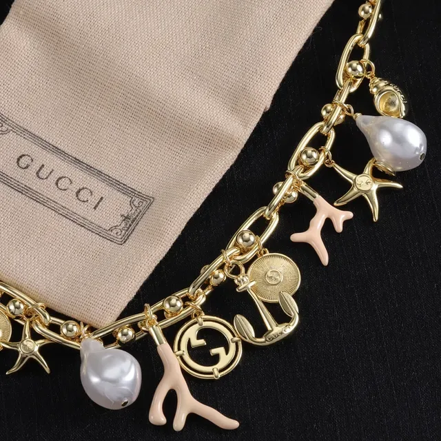 Gucci Gold Beige Link Chain Multi-Charm Pendant Necklace 3