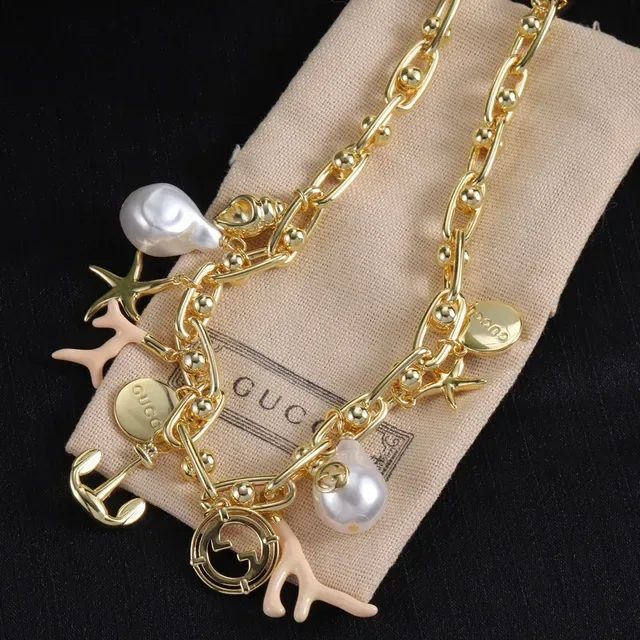 Gucci Gold Beige Link Chain Multi-Charm Pendant Necklace 4