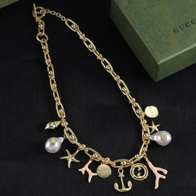 Gucci Gold Beige Link Chain Multi-Charm Pendant Necklace 5