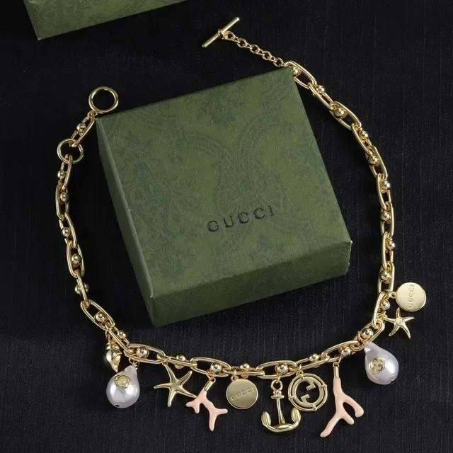 Gucci Gold Beige Link Chain Multi-Charm Pendant Necklace 6