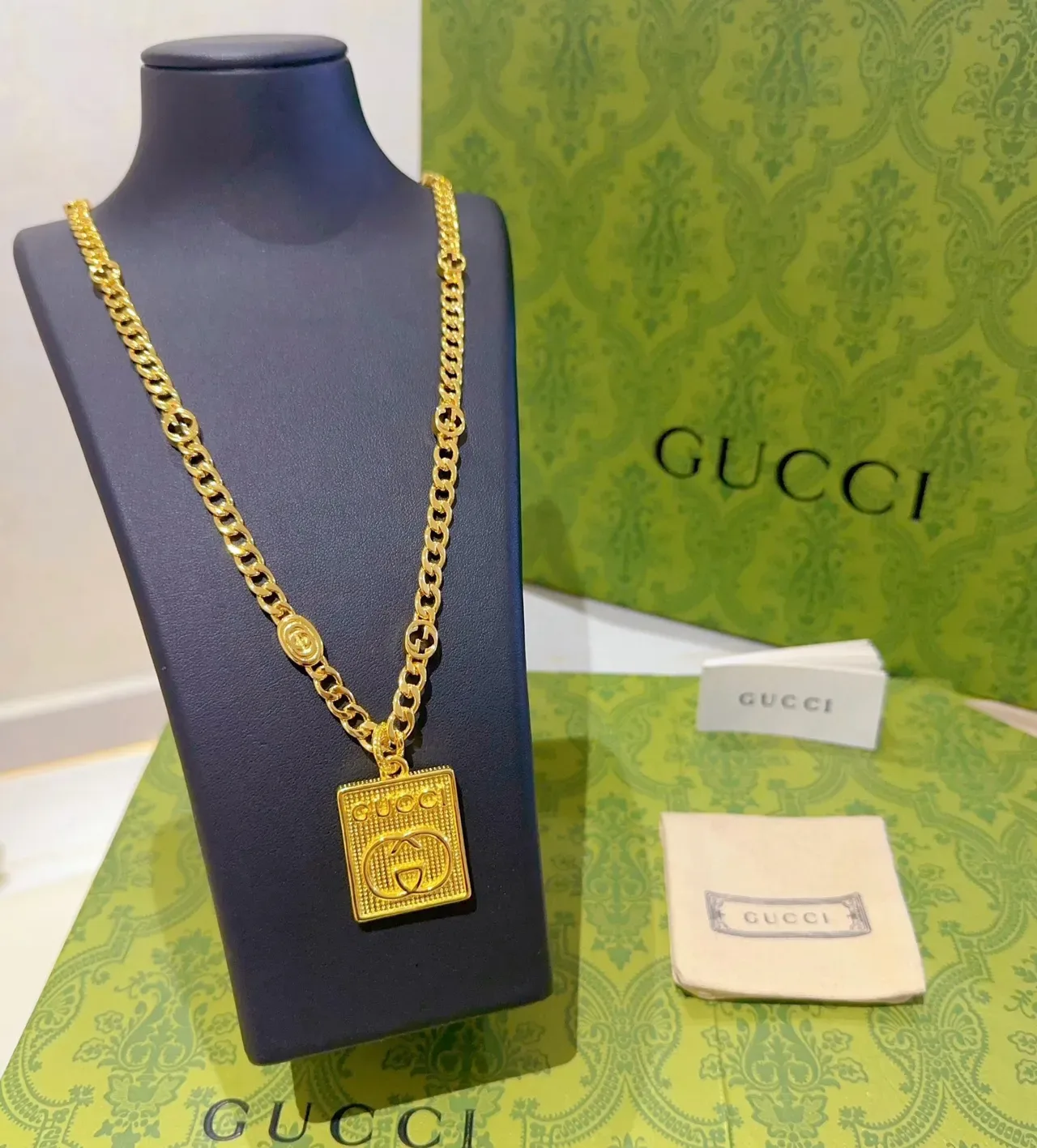 Gucci Gold-Tone Square GG Pendant Necklace 5