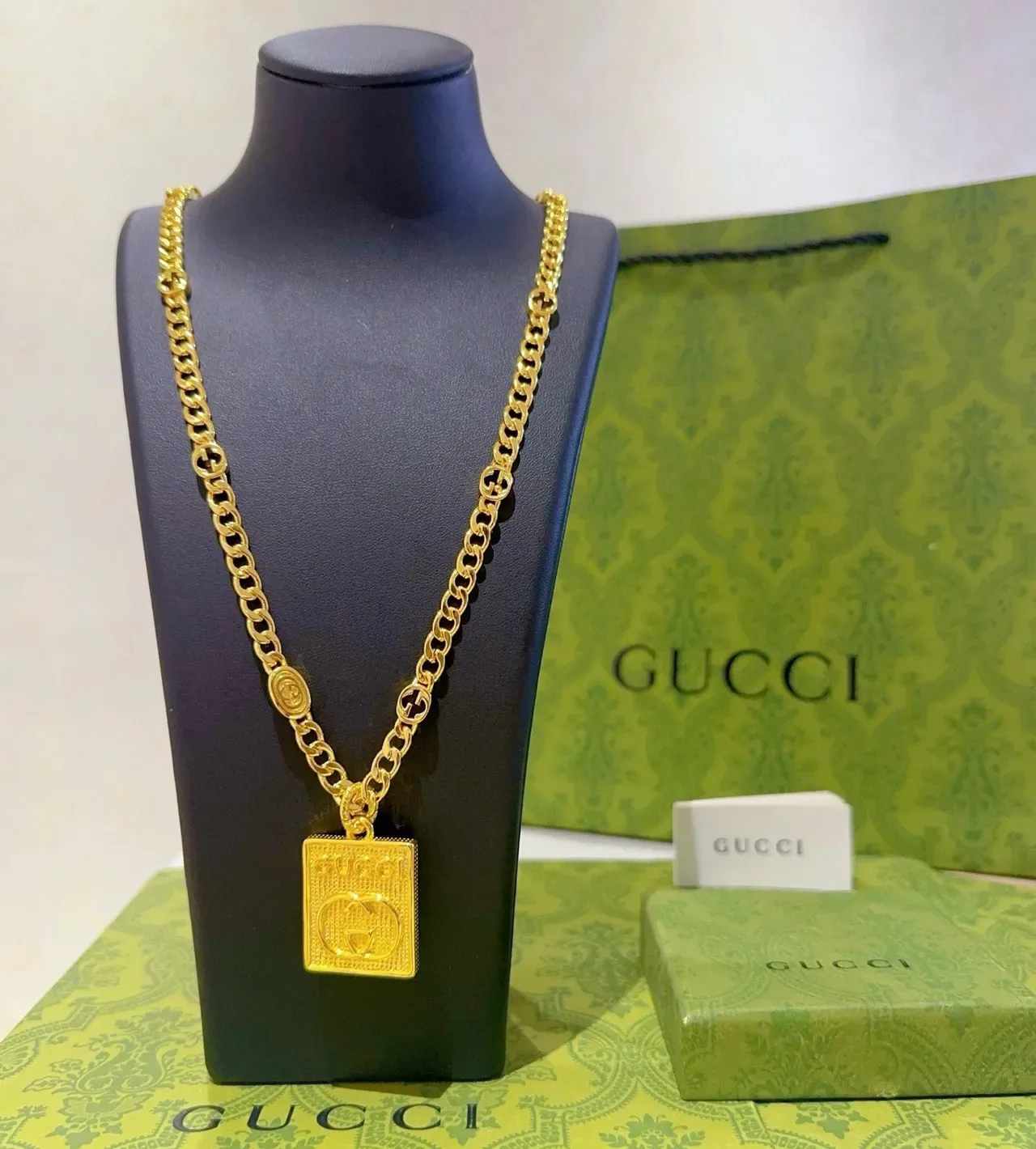 Gucci Gold-Tone Square GG Pendant Necklace 9