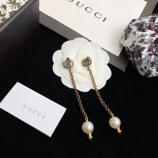 Gucci Gold White Chain Drop Pearl Pendant Earrings 2