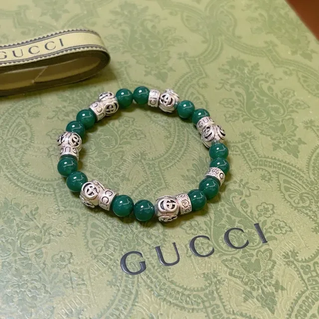Gucci Green Silver Beaded Interlocking G Charm Bracelet 3