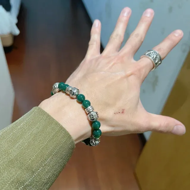 Gucci Green Silver Beaded Interlocking G Charm Bracelet 4
