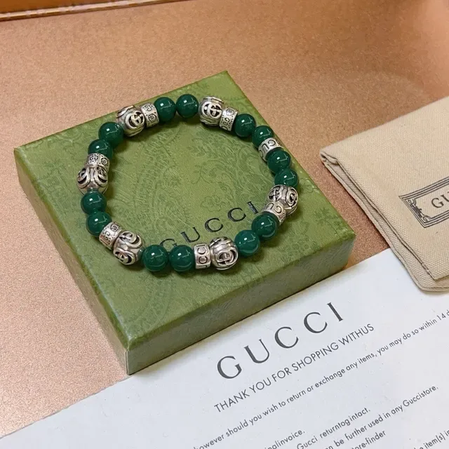 Gucci Green Silver Beaded Interlocking G Charm Bracelet 5