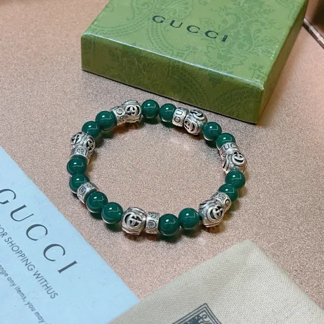 Gucci Green Silver Beaded Interlocking G Charm Bracelet 6