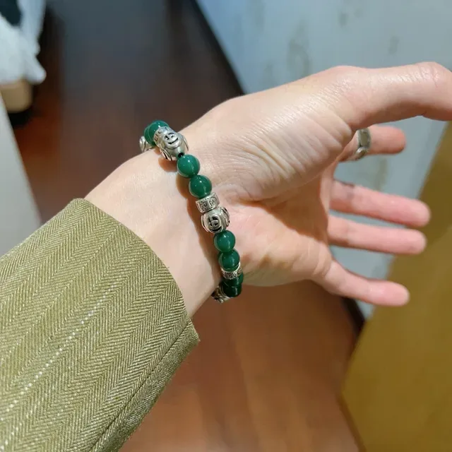 Gucci Green Silver Beaded Interlocking G Charm Bracelet 7