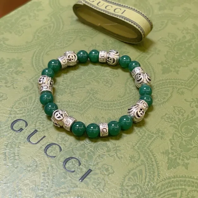 Gucci Green Silver Beaded Interlocking G Charm Bracelet 9