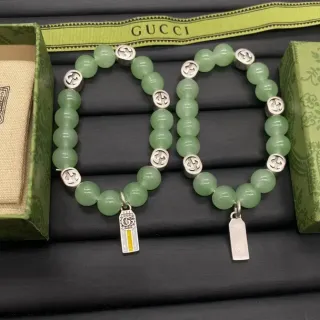 Gucci Green Silver Beaded Interlocking G Logo Spacers Bracelet