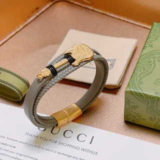 Pulsera Guitarra Gucci Gris Dorado Doble Envoltura Cuero Trenzado