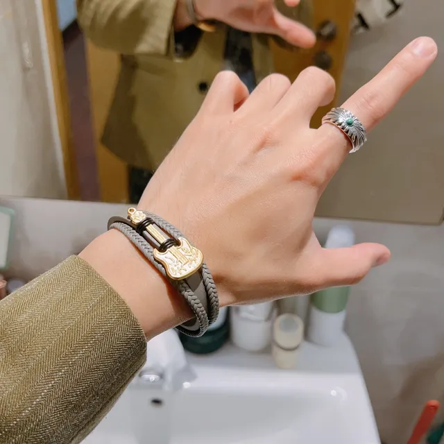 Gucci Guitar Bracelet Gray Gold Double-Wrap Braided Leather Bracelet 2