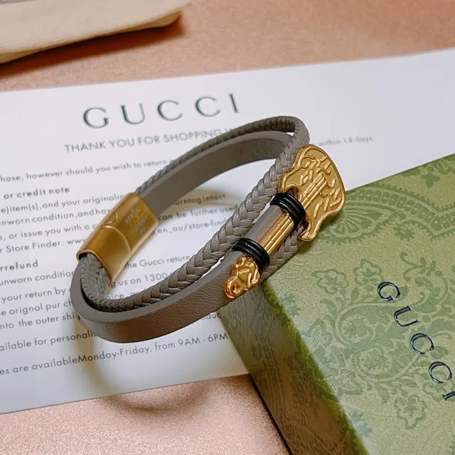 Gucci Guitar Bracelet Gray Gold Double-Wrap Braided Leather Bracelet 3