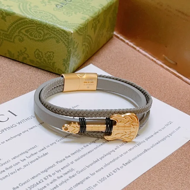 Gucci Guitar Bracelet Gray Gold Double-Wrap Braided Leather Bracelet 4