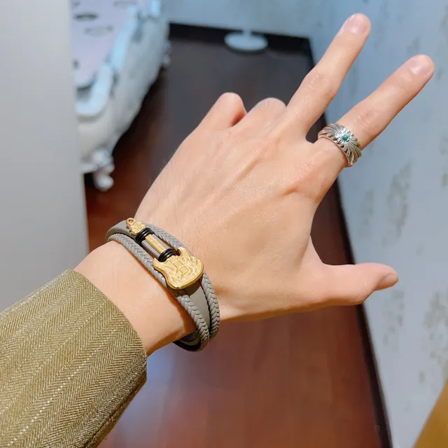 Gucci Guitar Bracelet Gray Gold Double-Wrap Braided Leather Bracelet 5