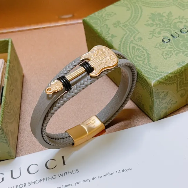 Gucci Guitar Bracelet Gray Gold Double-Wrap Braided Leather Bracelet 6