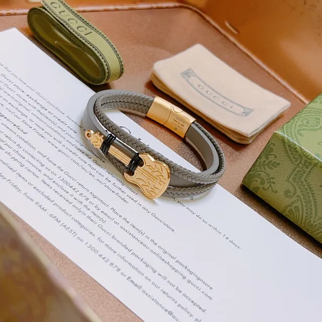 Gucci Guitar Bracelet Gray Gold Double-Wrap Braided Leather Bracelet 7