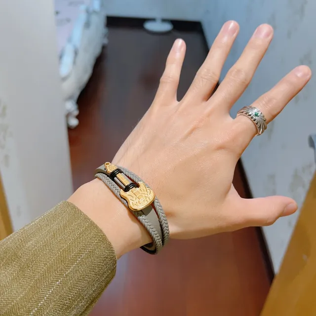 Gucci Guitar Bracelet Gray Gold Double-Wrap Braided Leather Bracelet 8