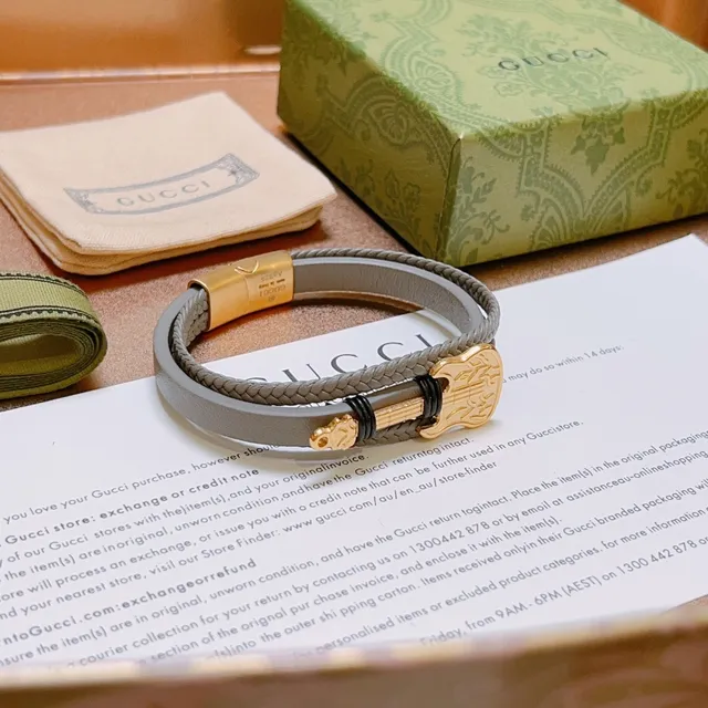 Gucci Guitar Bracelet Gray Gold Double-Wrap Braided Leather Bracelet 9