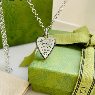 Gucci Heart Silver Green Engraved Latin Inscription Necklace