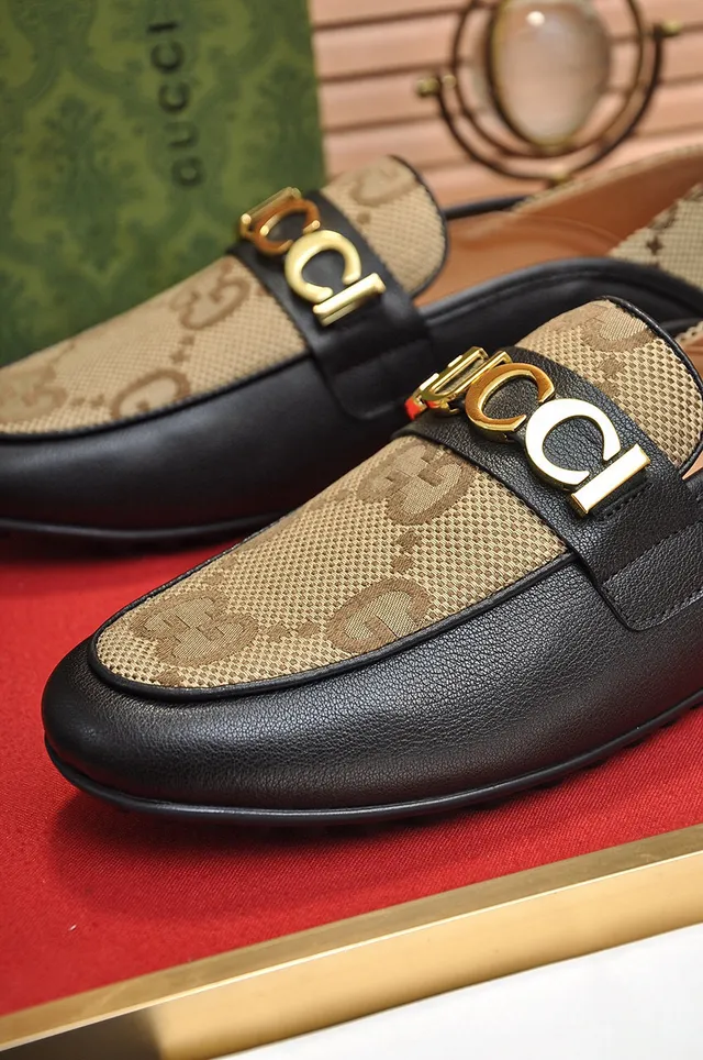 Gucci Horsebit 1955 Beige Monogram Canvas and Black Leather Loafers 2