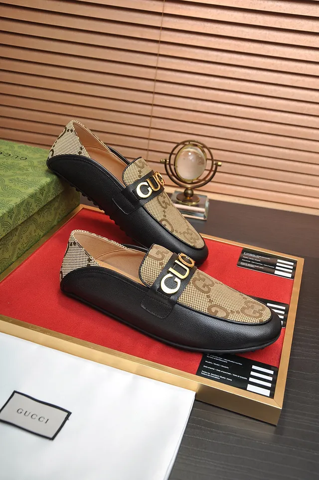 Gucci Horsebit 1955 Beige Monogram Canvas and Black Leather Loafers 5