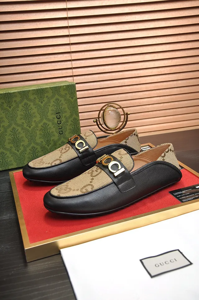 Gucci Horsebit 1955 Beige Monogram Canvas and Black Leather Loafers 8