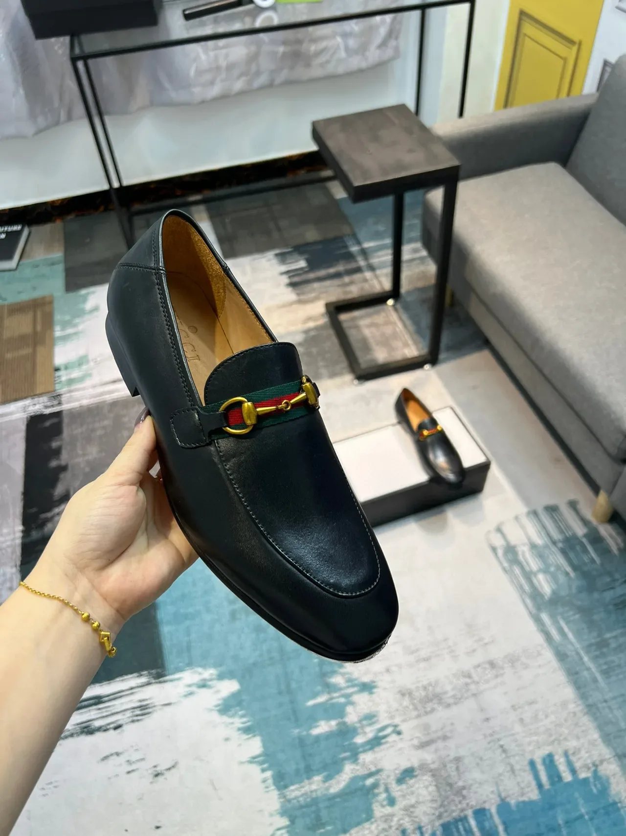 Gucci Horsebit 1955 Black Green Leather Buckle Loafer 6