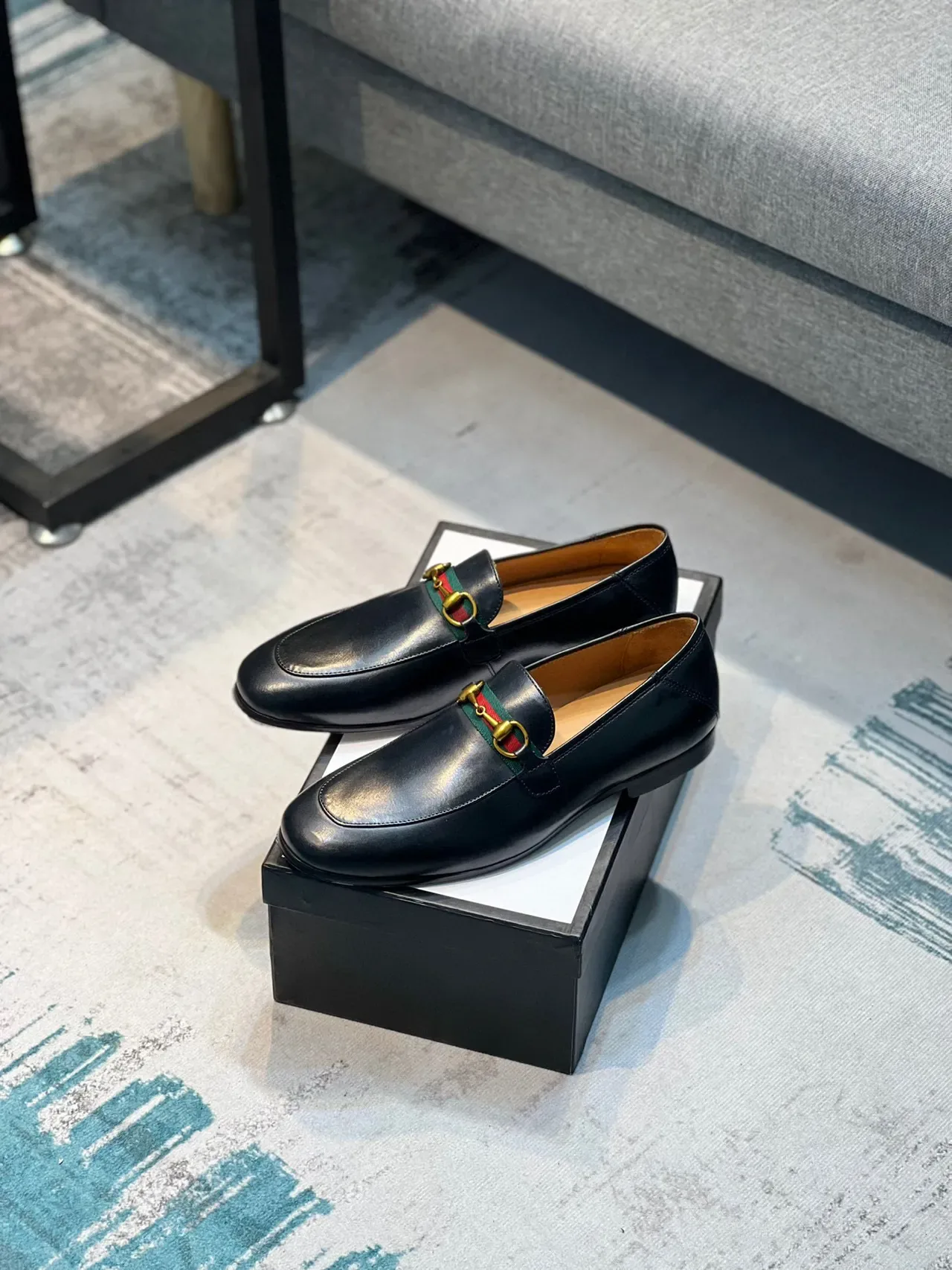 Gucci Horsebit 1955 Black Green Leather Buckle Loafer 7