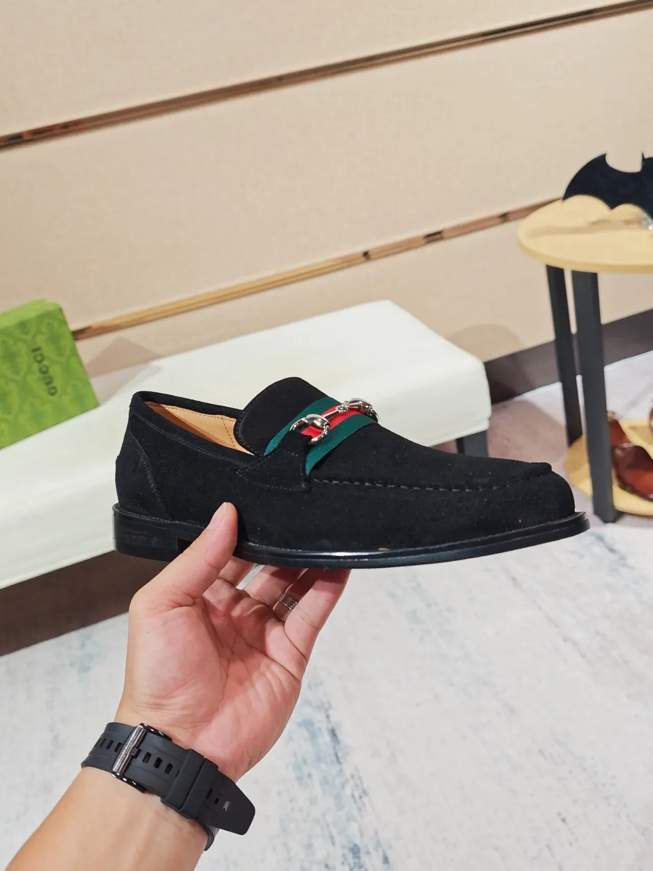 Gucci Horsebit 1955 Black Green Suede Upper Buckle Loafer 4