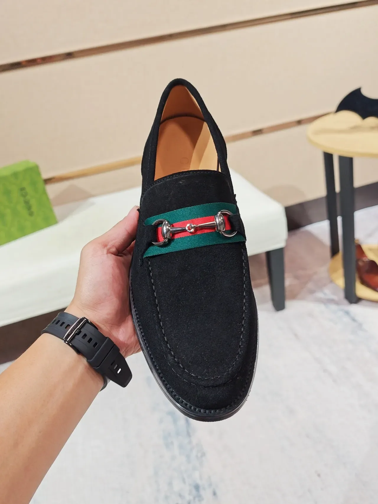 Gucci Horsebit 1955 Black Green Suede Upper Buckle Loafer 5