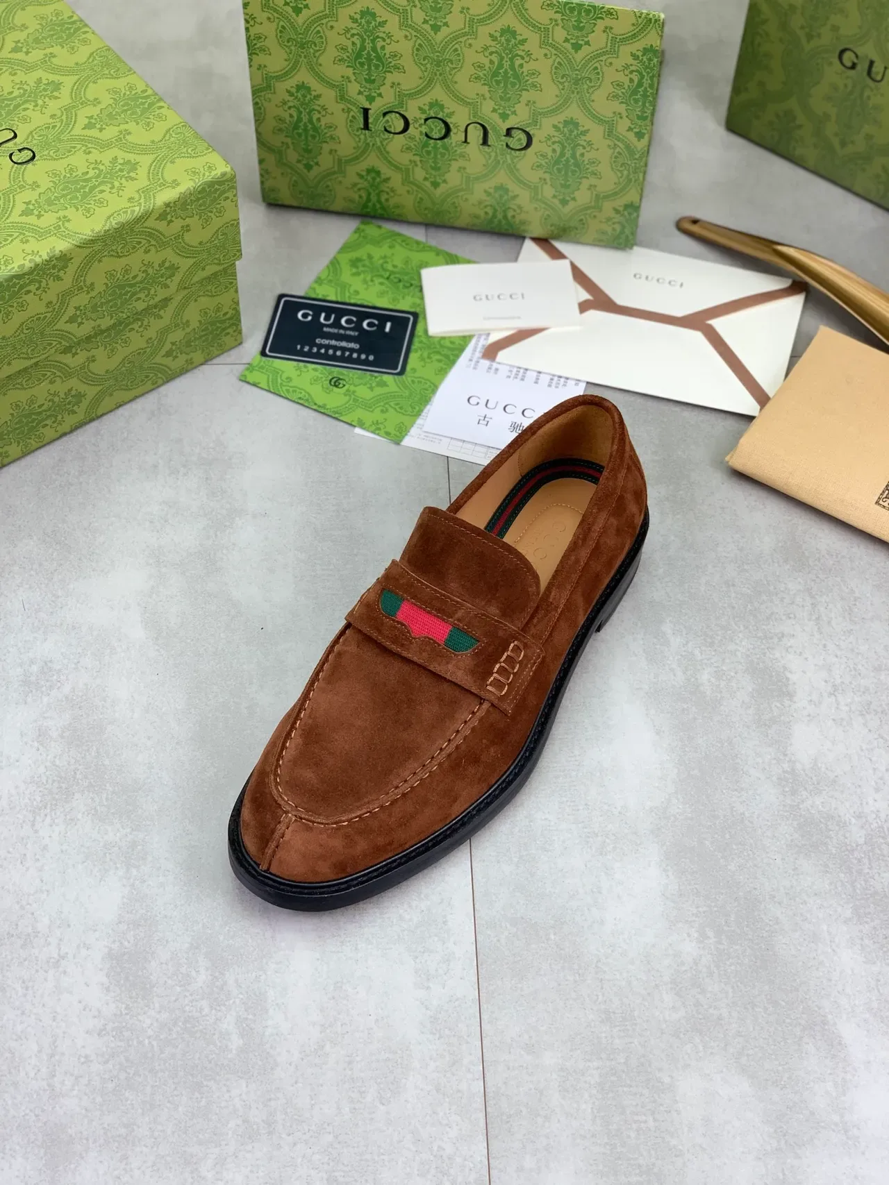 Gucci Horsebit 1955 Brown Suede Web Stripe Loafers 4