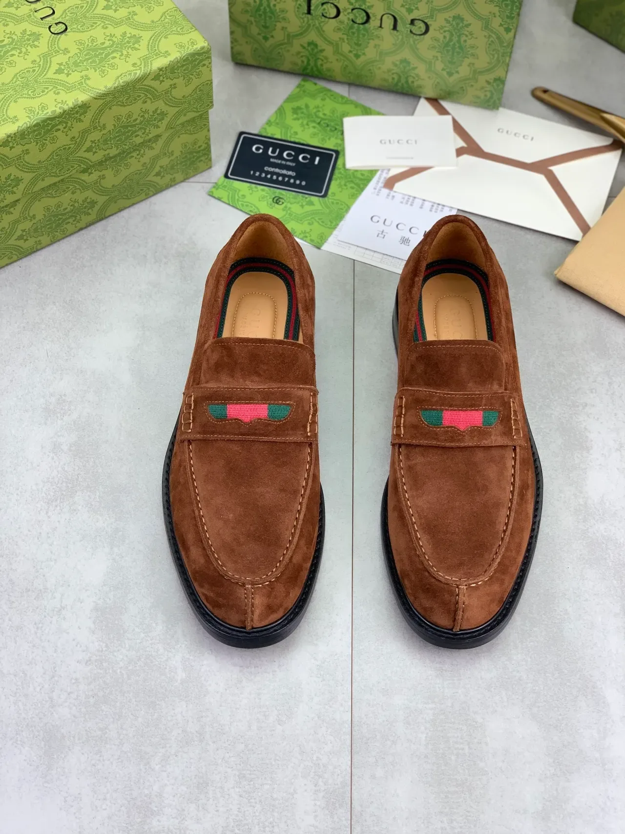 Gucci Horsebit 1955 Brown Suede Web Stripe Loafers 5