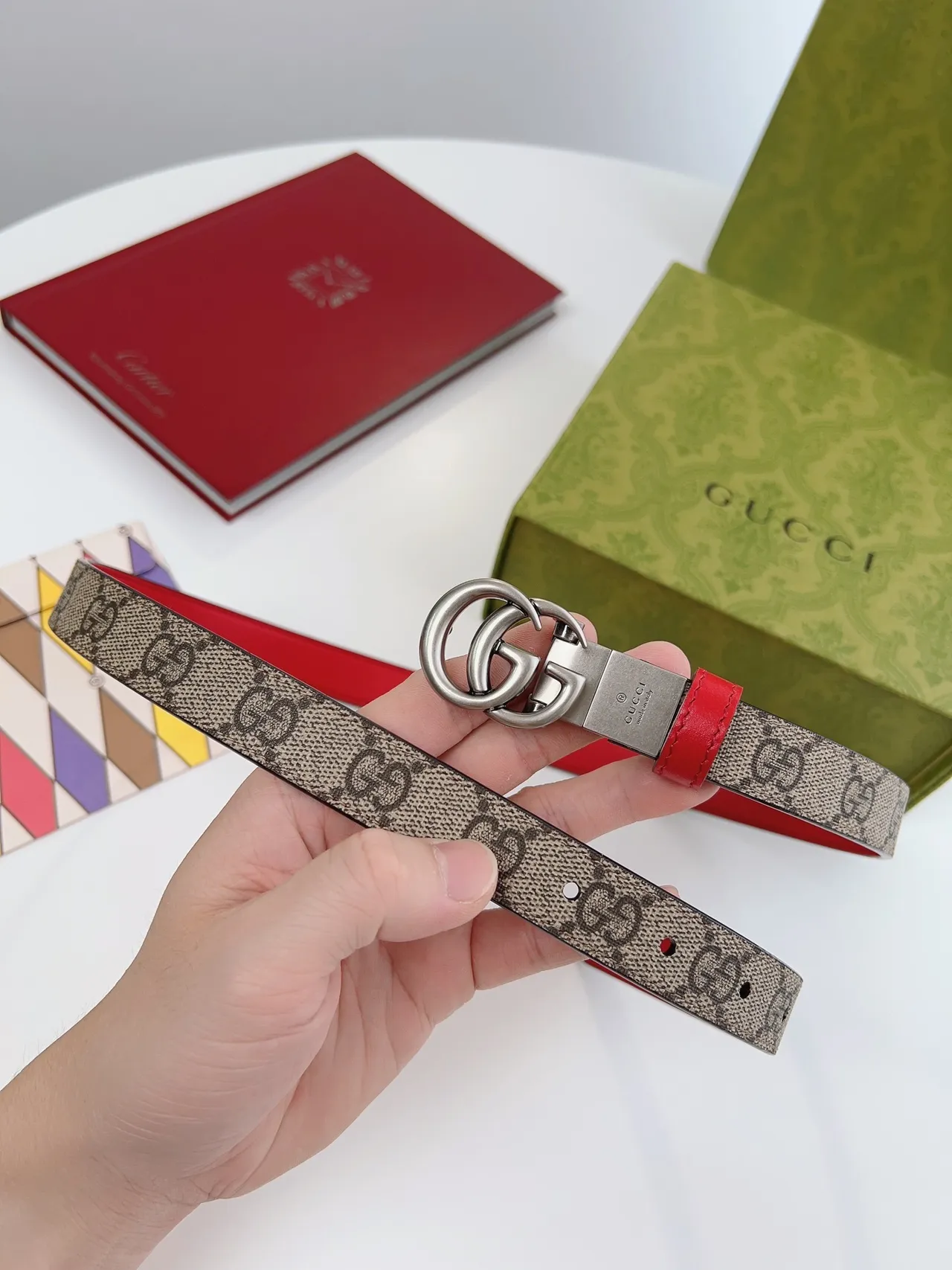 Gucci Horsebit 1955 GG Monogram 帆布和红色皮革腰带 4