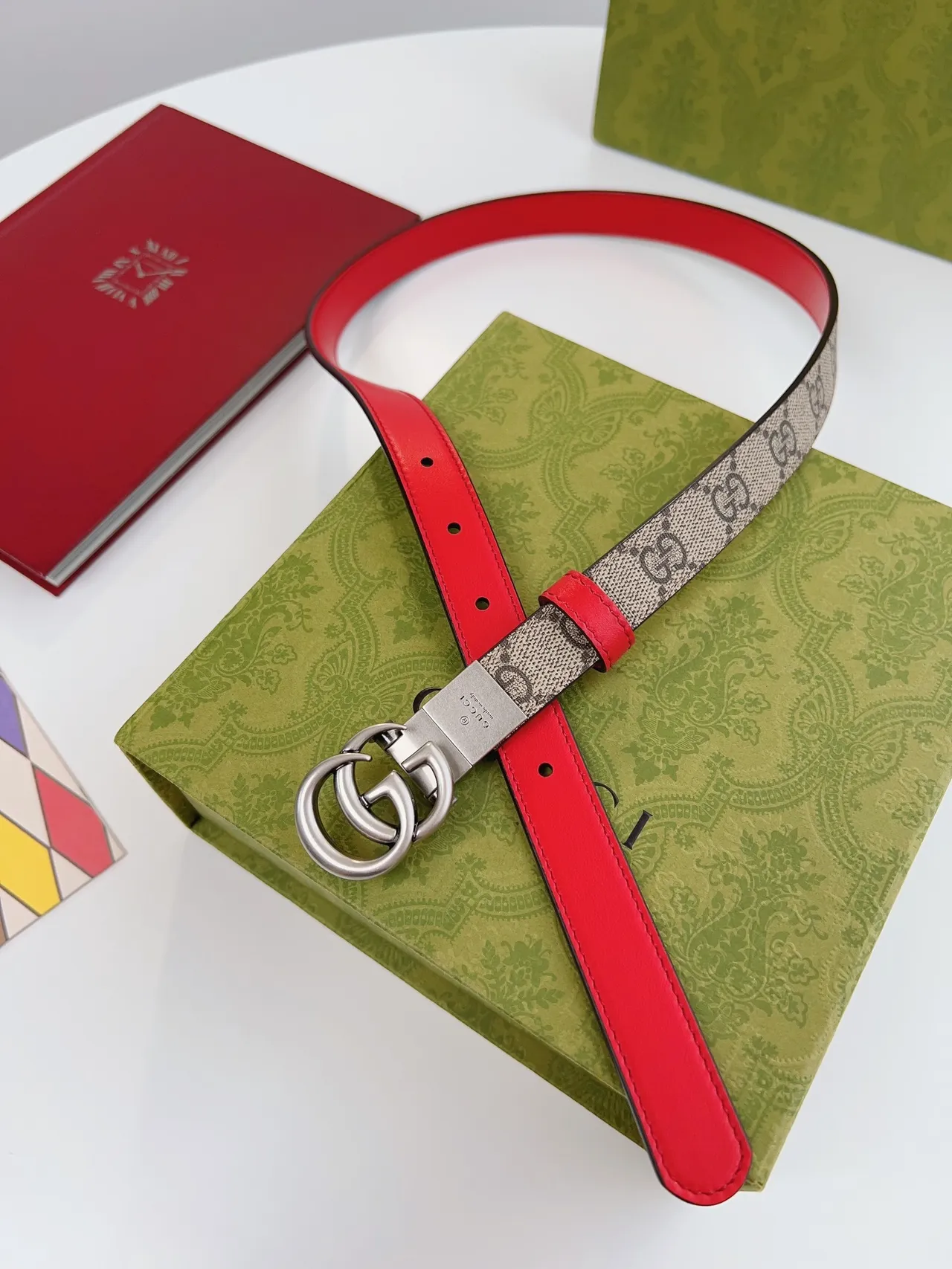 Gucci Horsebit 1955 GG Monogram 帆布和红色皮革腰带 6