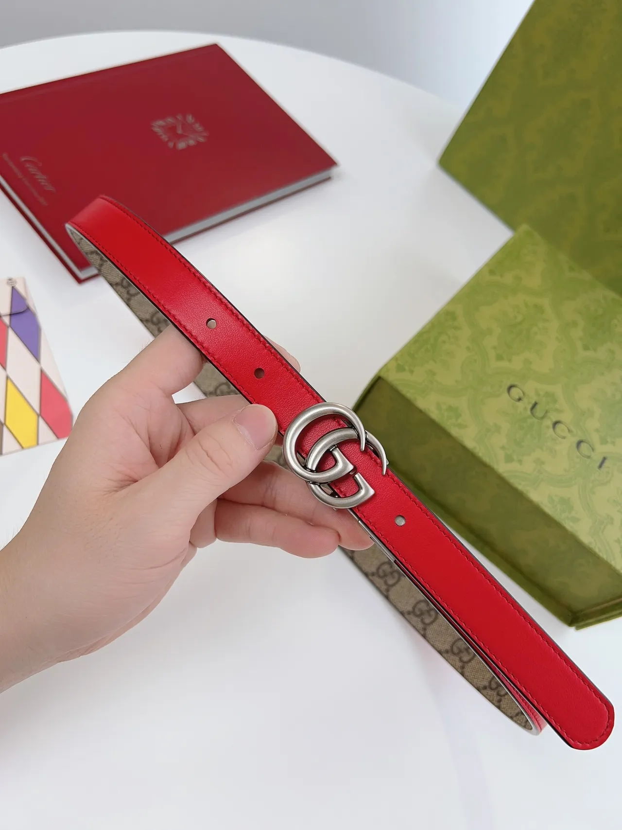 Gucci Horsebit 1955 GG Monogram 帆布和红色皮革腰带 7